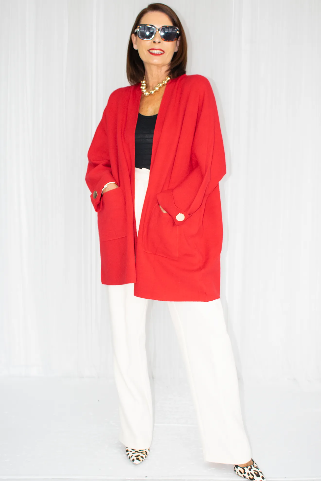 Diana Mid Length Knit Jacket with gold accent in Red