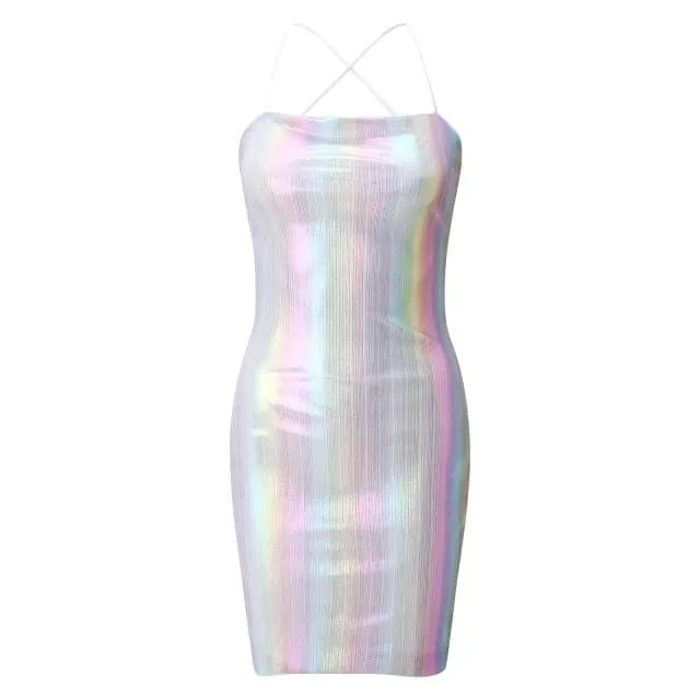 DressBetty - Reflective Holographic Dress Summer Women Spaghetti Strap Halter Neck Mini Bodycon Dress Sexy Metallic Club Dress  Outfits