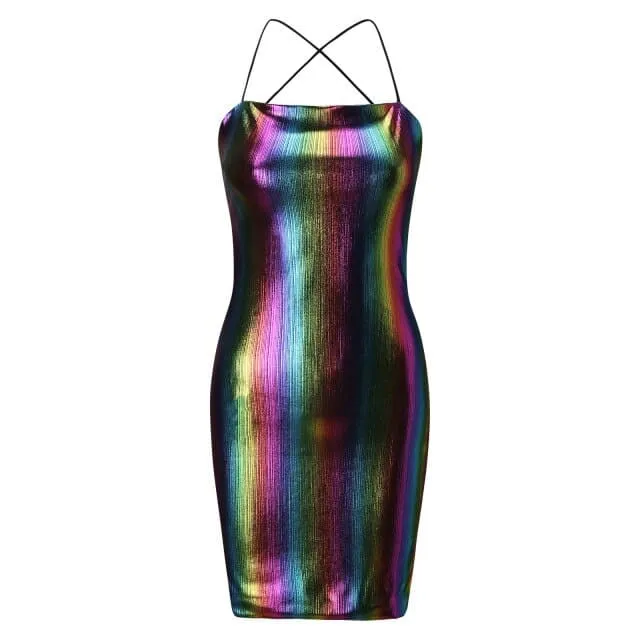 DressBetty - Reflective Holographic Dress Summer Women Spaghetti Strap Halter Neck Mini Bodycon Dress Sexy Metallic Club Dress  Outfits