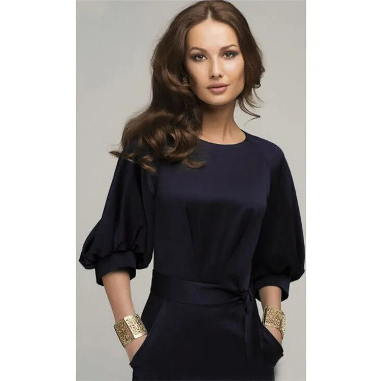 Elegant temperament women's dress skirt round neck solid color lantern three-quarter sleeves hip dress