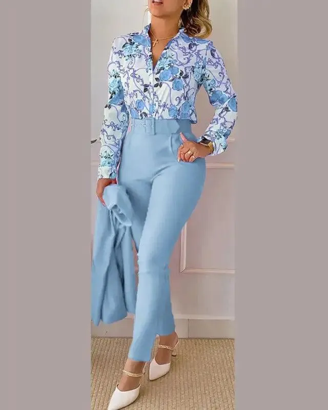 Elegant V-neck Floral Pants Set