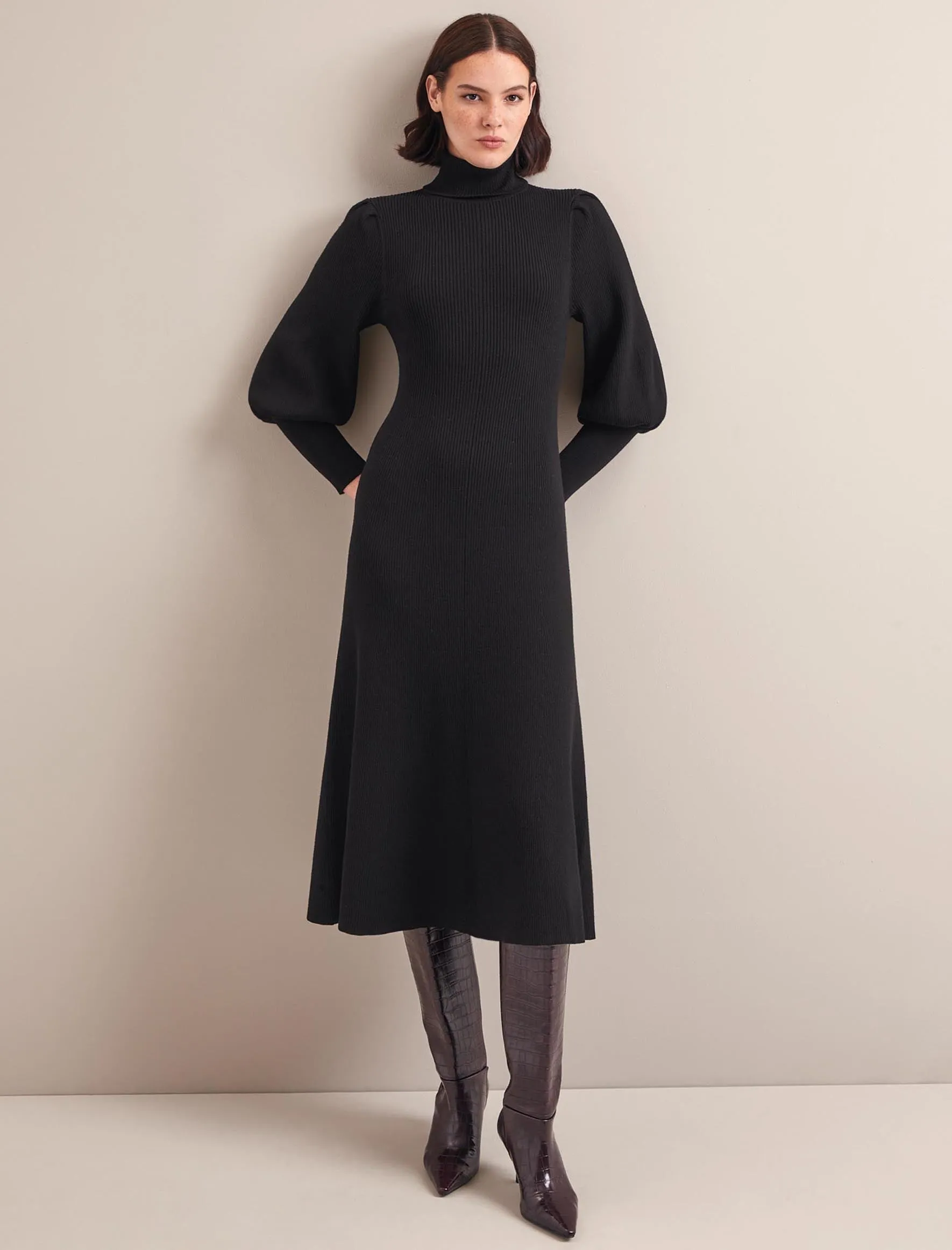 Eva Merino Wool Roll Neck Dress - Black