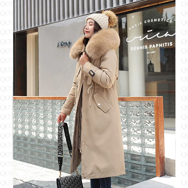 Faux Fur Collar Cinched Waist Fleece Parka