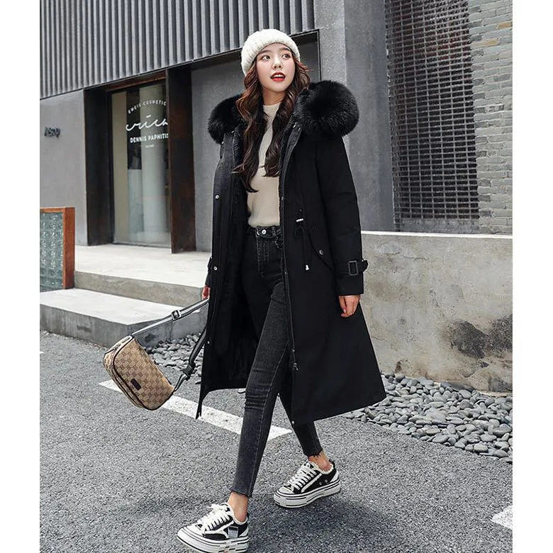 Faux Fur Collar Cinched Waist Fleece Parka