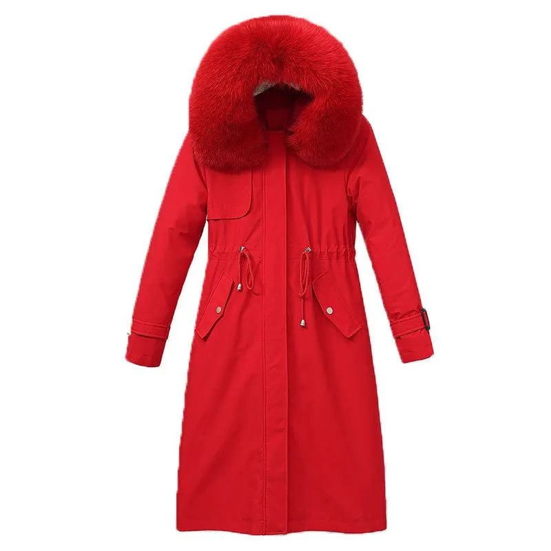 Faux Fur Collar Cinched Waist Fleece Parka