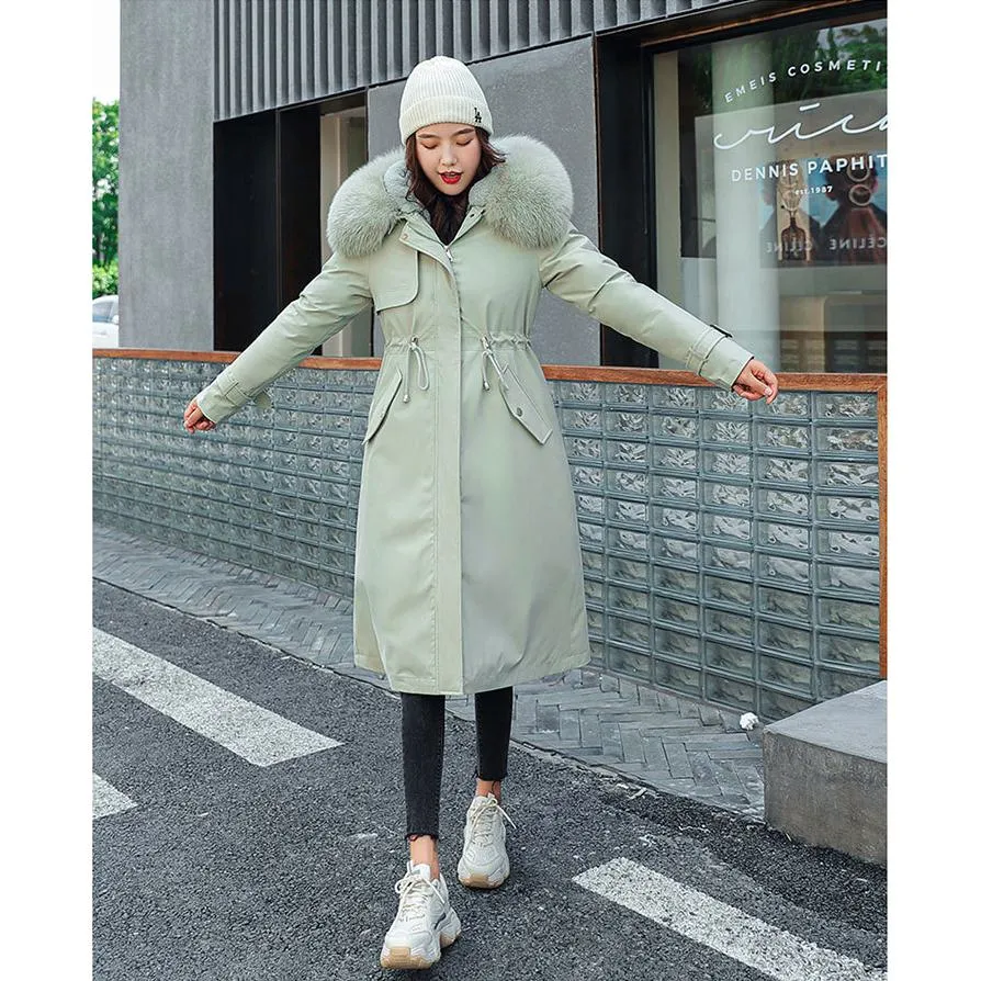 Faux Fur Collar Cinched Waist Fleece Parka