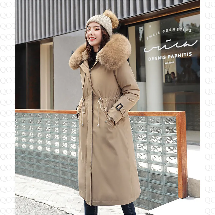 Faux Fur Collar Cinched Waist Fleece Parka