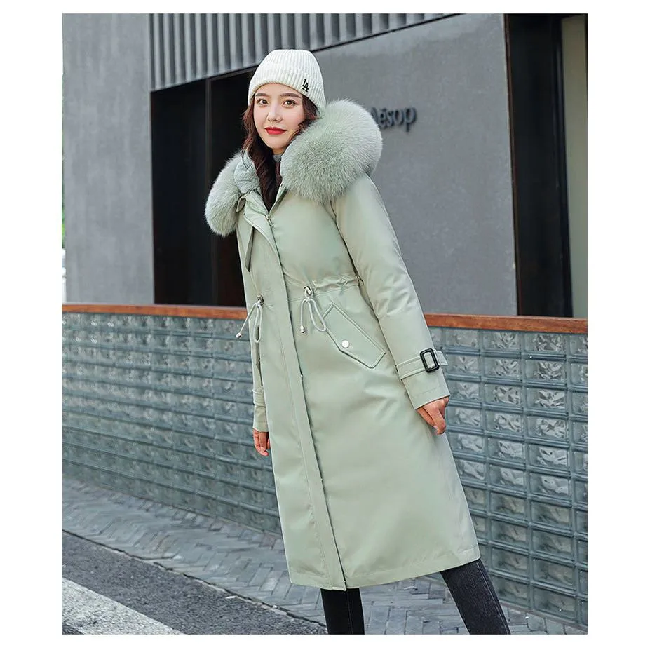 Faux Fur Collar Cinched Waist Fleece Parka