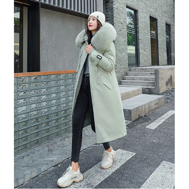 Faux Fur Collar Cinched Waist Fleece Parka