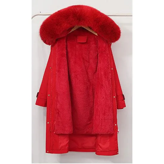 Faux Fur Collar Cinched Waist Fleece Parka