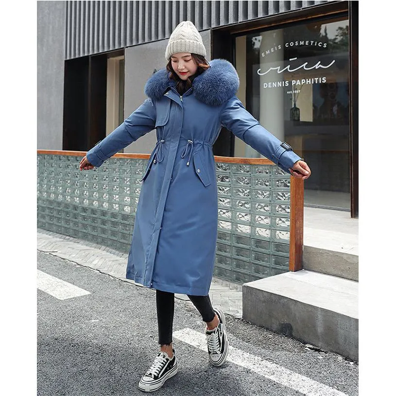 Faux Fur Collar Cinched Waist Fleece Parka