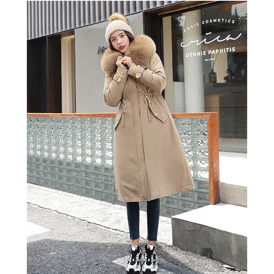 Faux Fur Collar Cinched Waist Fleece Parka