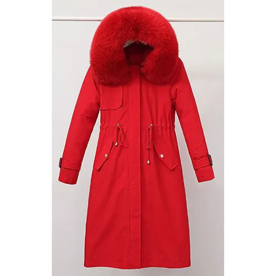 Faux Fur Collar Cinched Waist Fleece Parka