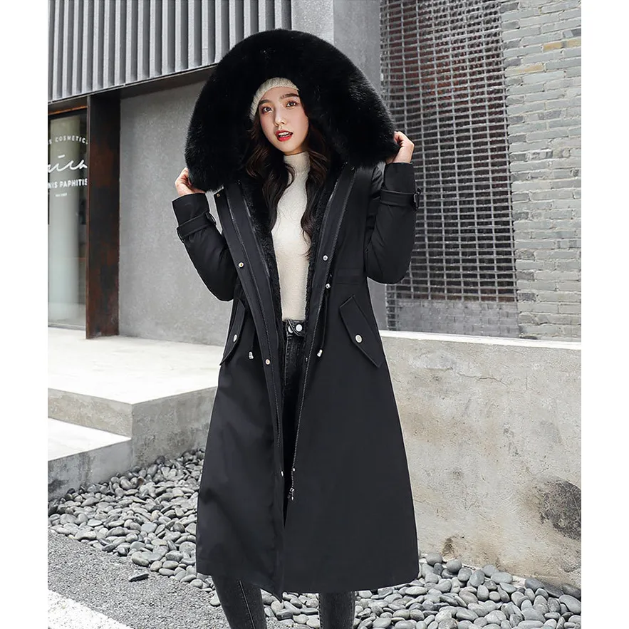 Faux Fur Collar Cinched Waist Fleece Parka