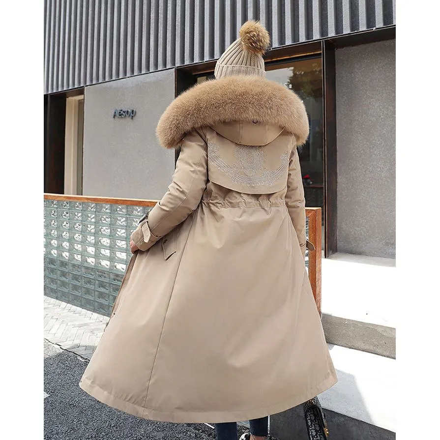 Faux Fur Collar Cinched Waist Fleece Parka