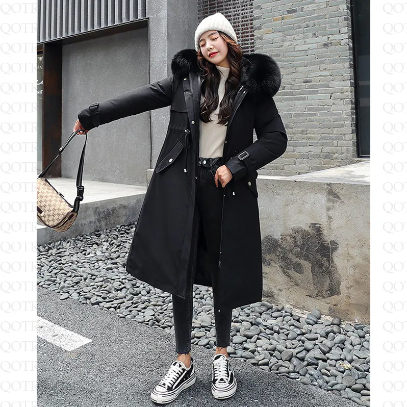 Faux Fur Collar Cinched Waist Fleece Parka