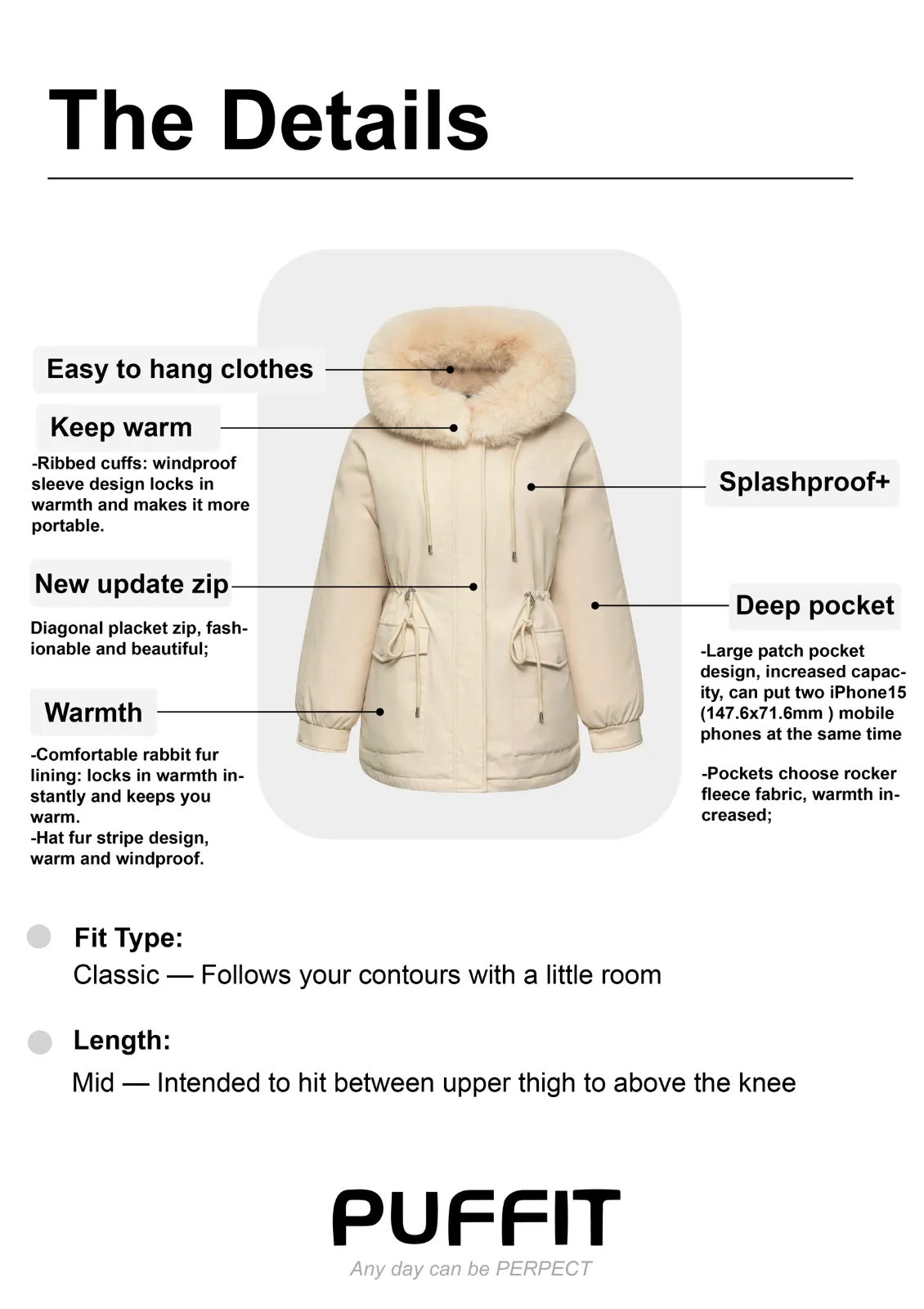 Faux Fur Mid-Length Hooded Drawstring Parka Splashproof