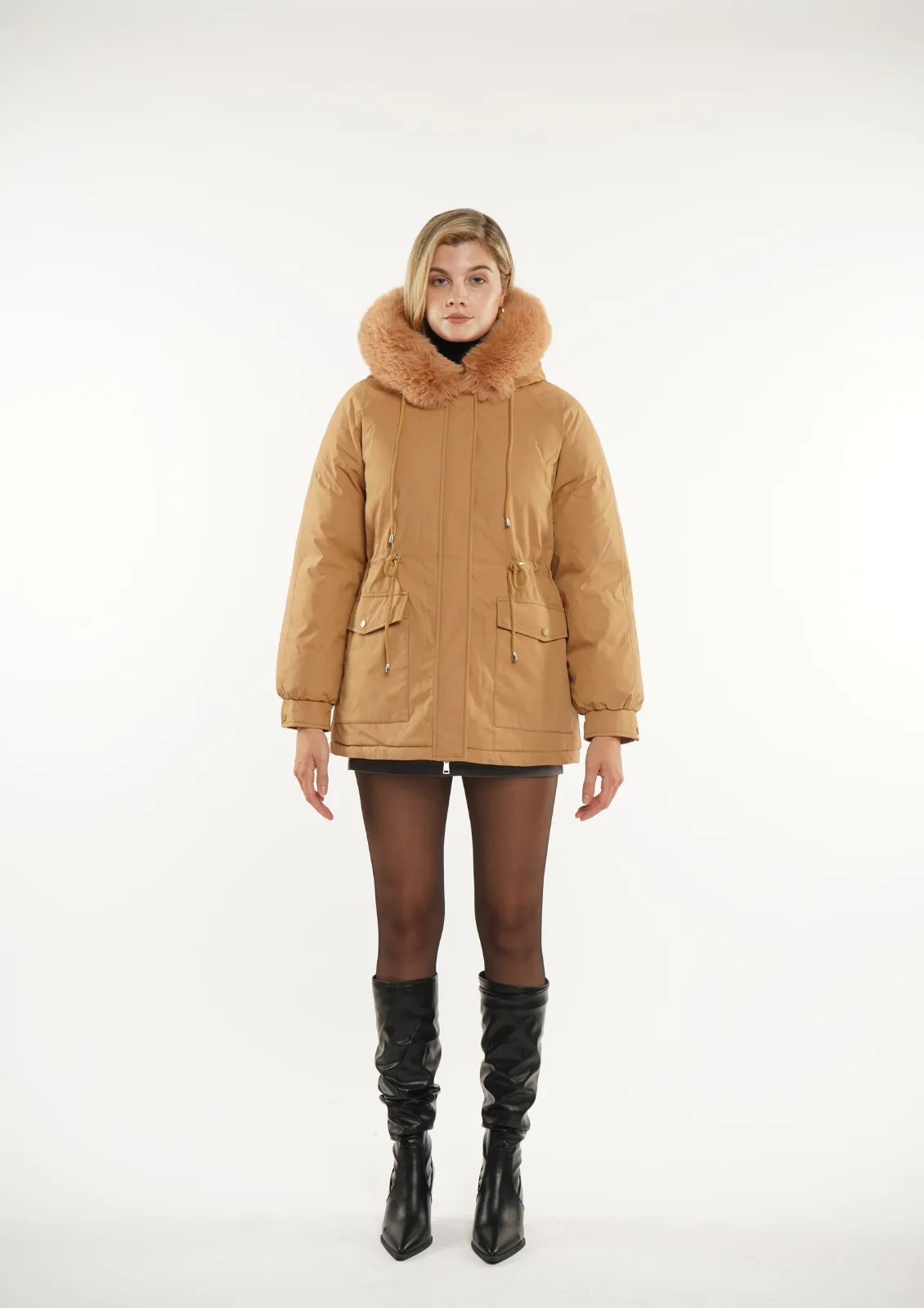 Faux Fur Mid-Length Hooded Drawstring Parka Splashproof