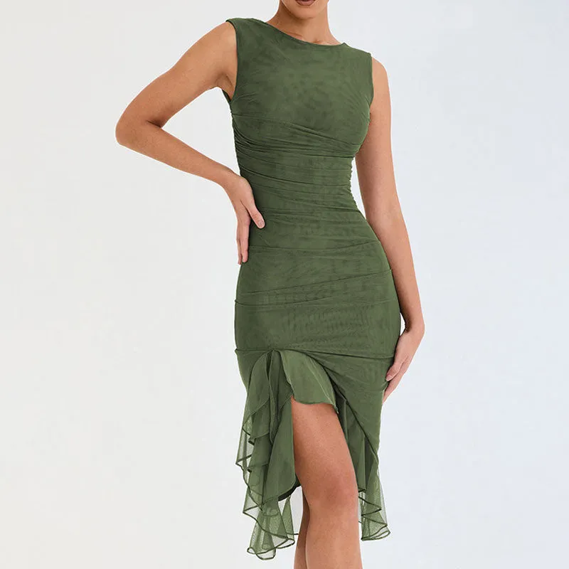 Feminine Crew Neck Sleeveless Ruched Mesh Bodycon Ruffle Midi Party Dress