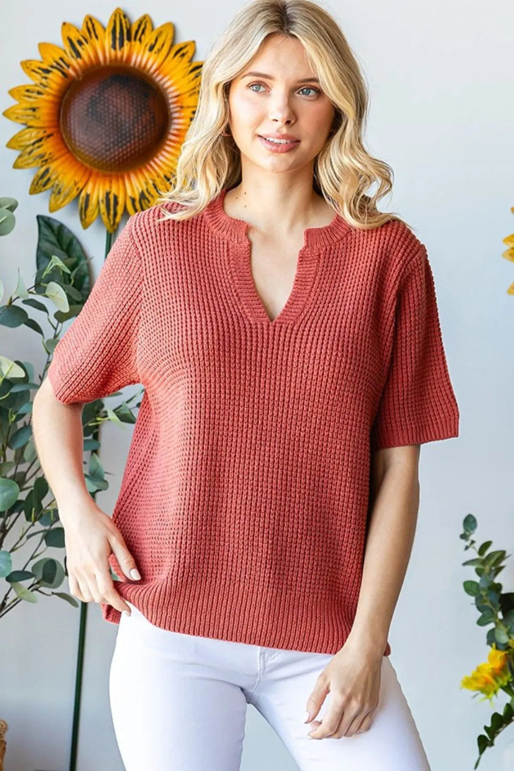 First Love Notched Short Sleeve Knit Top