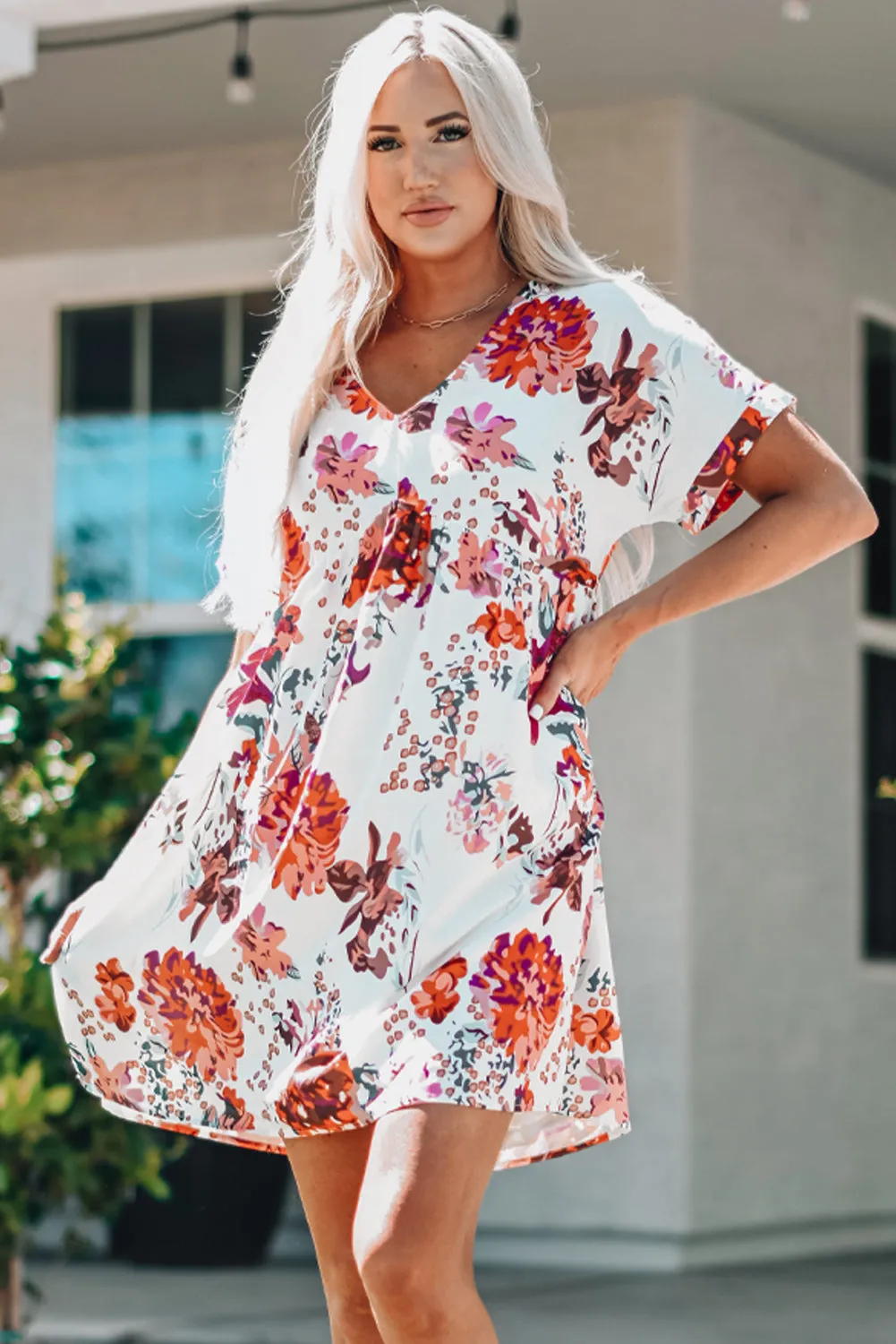 Floral Cuffed Short Sleeve Babydoll Dress