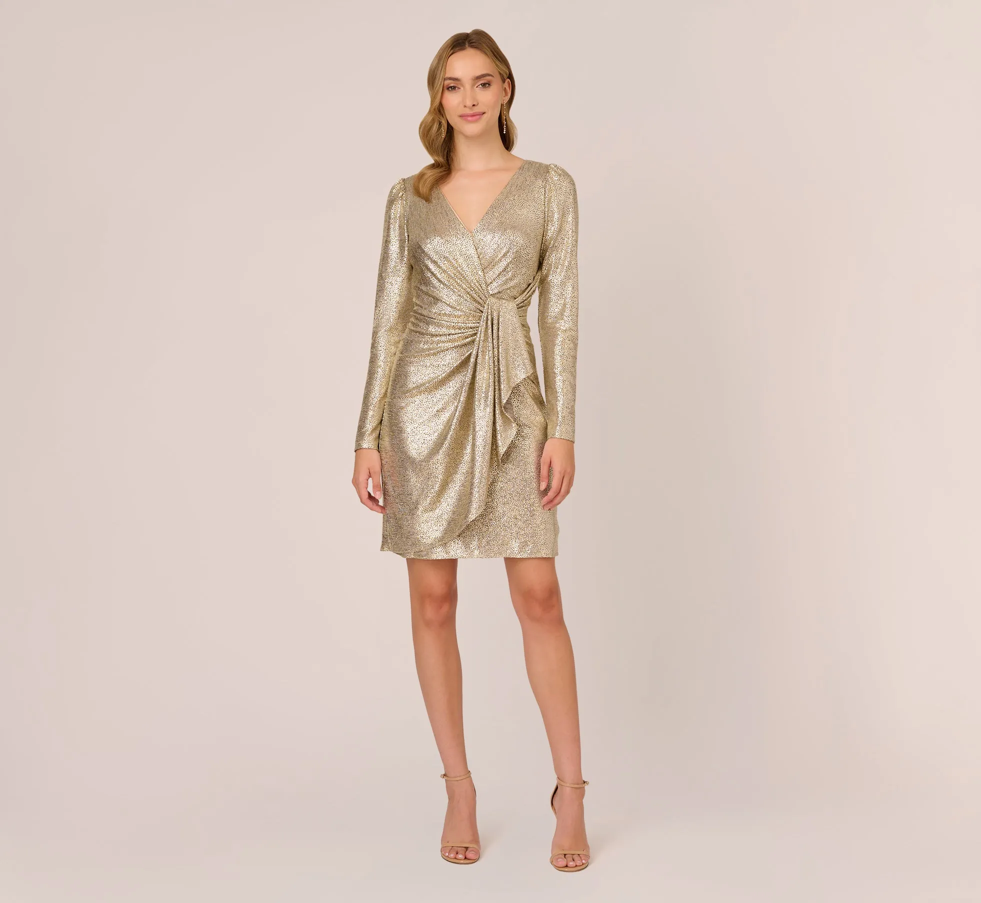 Foil Knit Faux Wrap Dress With Long Sleeves In Light Gold