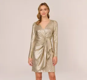 Foil Knit Faux Wrap Dress With Long Sleeves In Light Gold