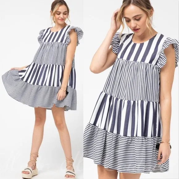 Hampton Vertical Blue Striped Babydoll Dress