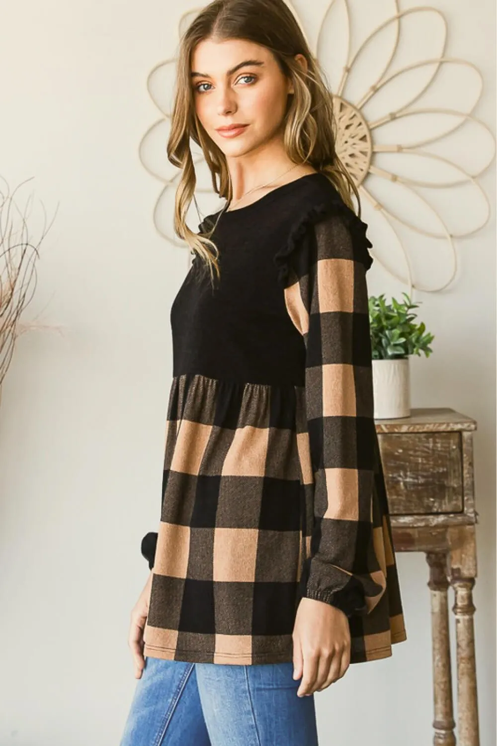 Heimish Full Size Plaid Contrast Ruffle Shoulder Babydoll Top in Black/Mocha