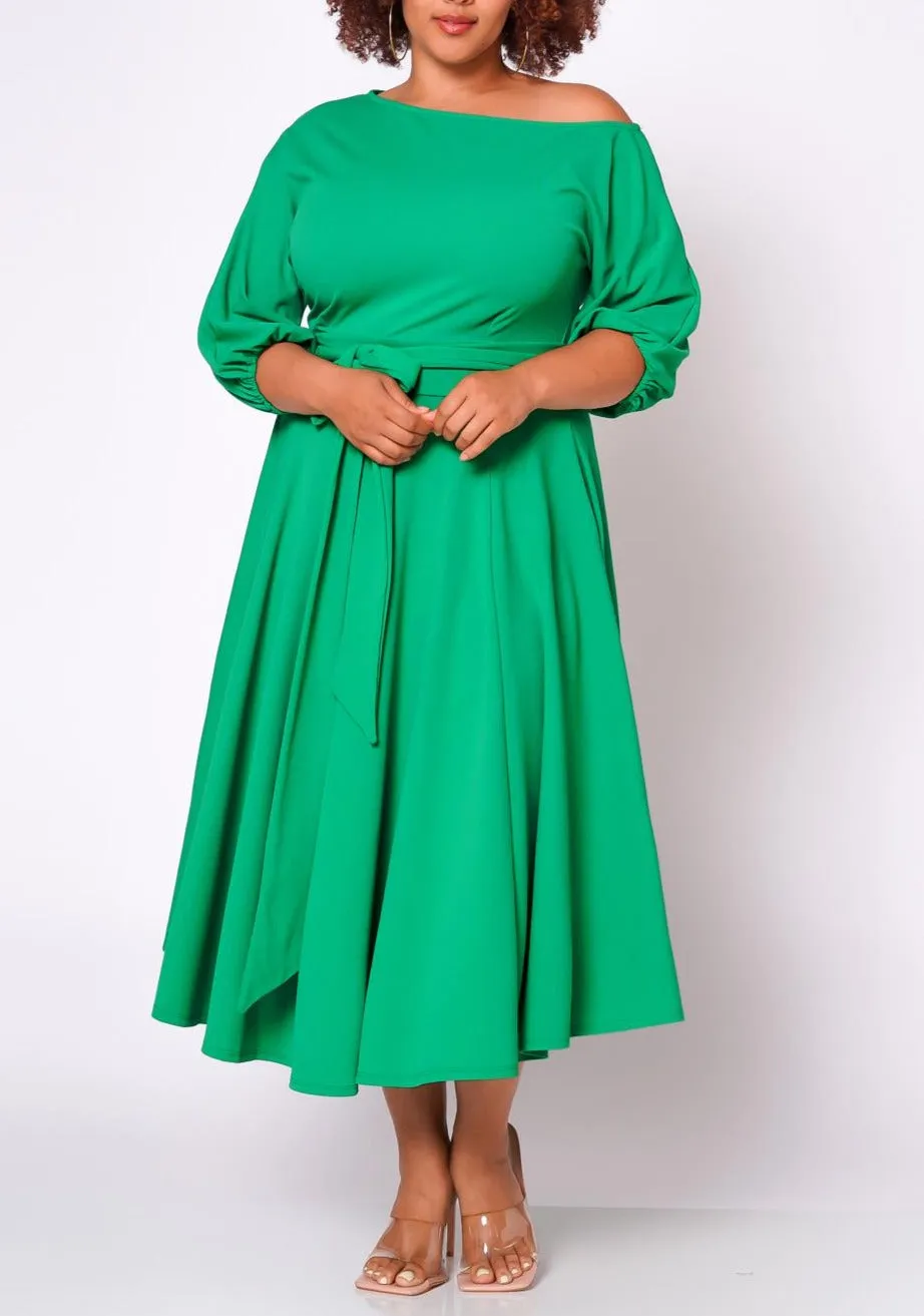 Hi Curvy Plus Size Women Flare Maxi Dress With Pockets & Belt