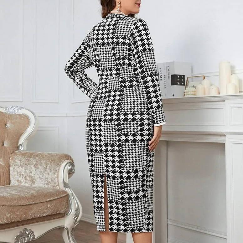 Houndstooth Button Front Knit Dress