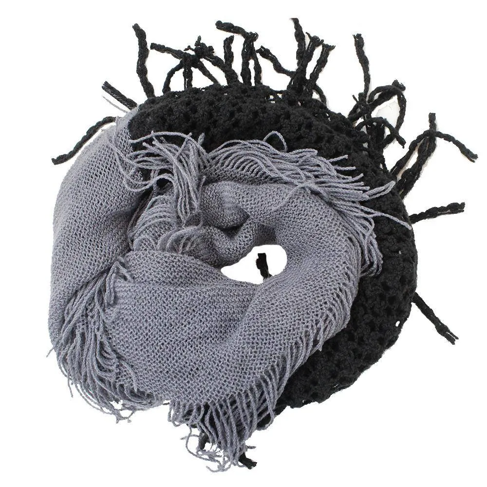 Infinity Scarf w/ Open Knit & Fringe-Black/Grey