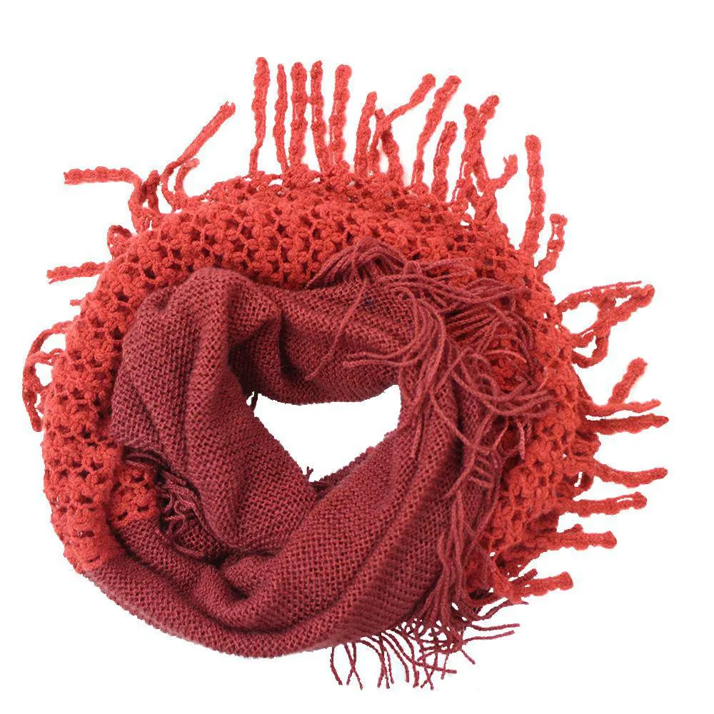 Infinity Scarf w/ Open Knit & Fringe - Terra Cotta/Burnt Sienna