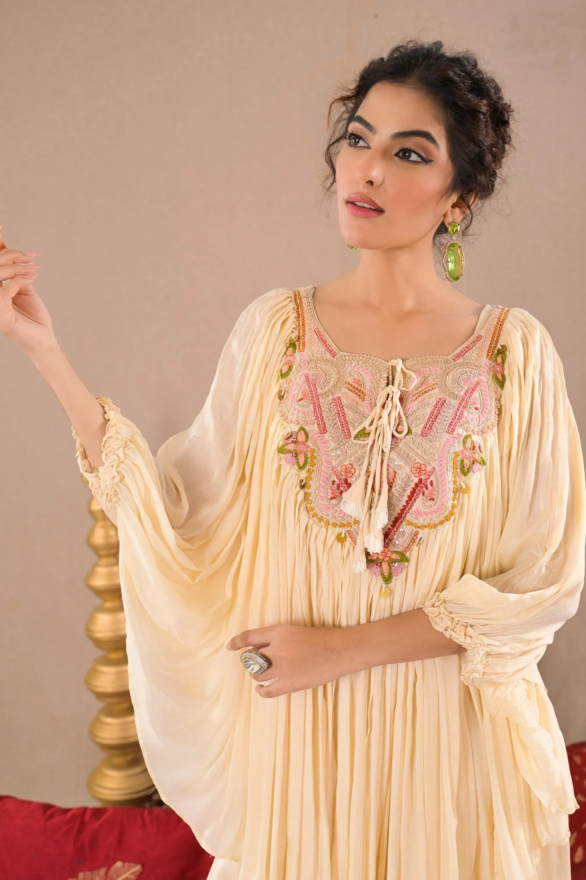 Ivory Embroidered Chinon Silk Tunic & Palazzo Set