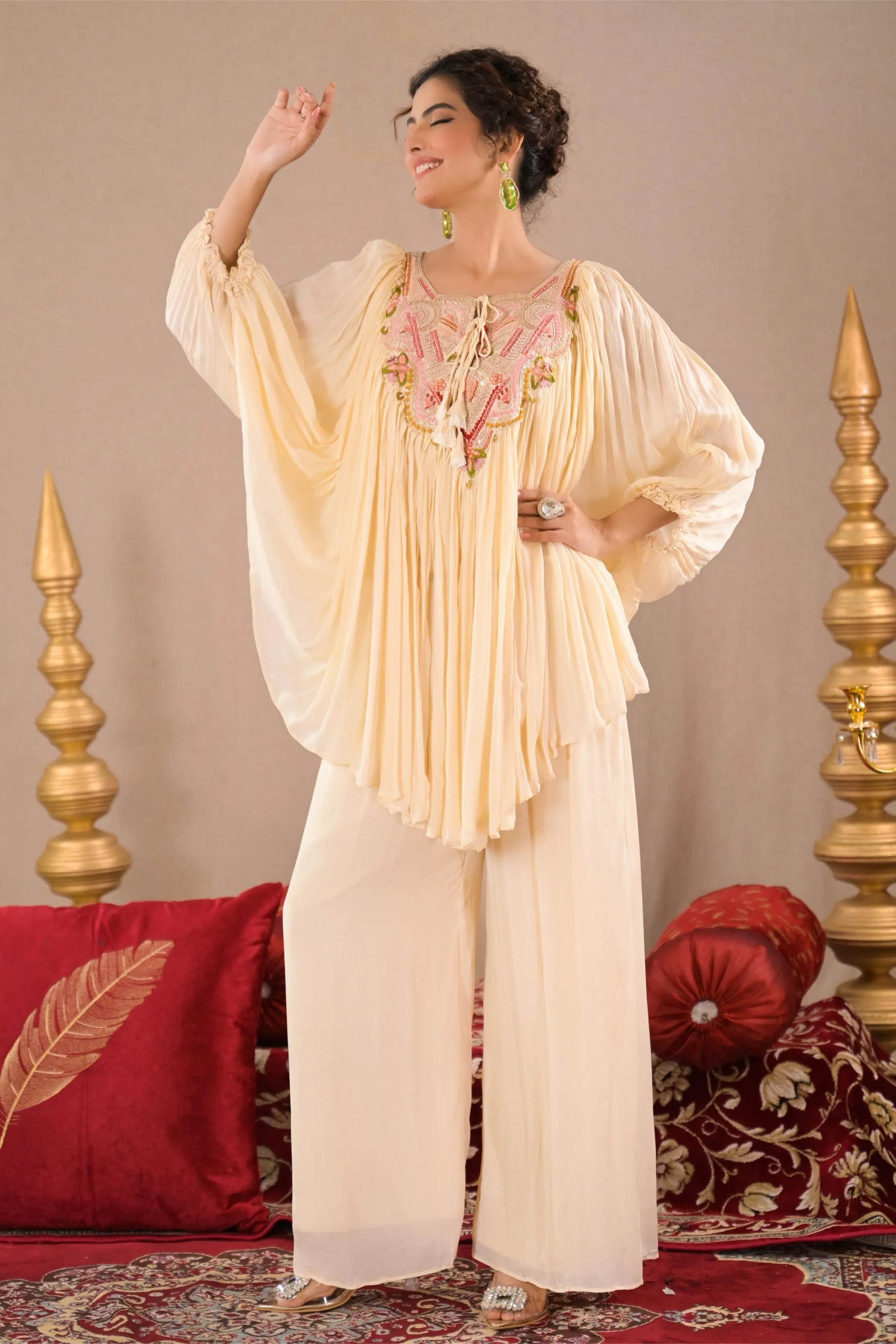 Ivory Embroidered Chinon Silk Tunic & Palazzo Set