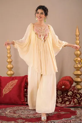 Ivory Embroidered Chinon Silk Tunic & Palazzo Set