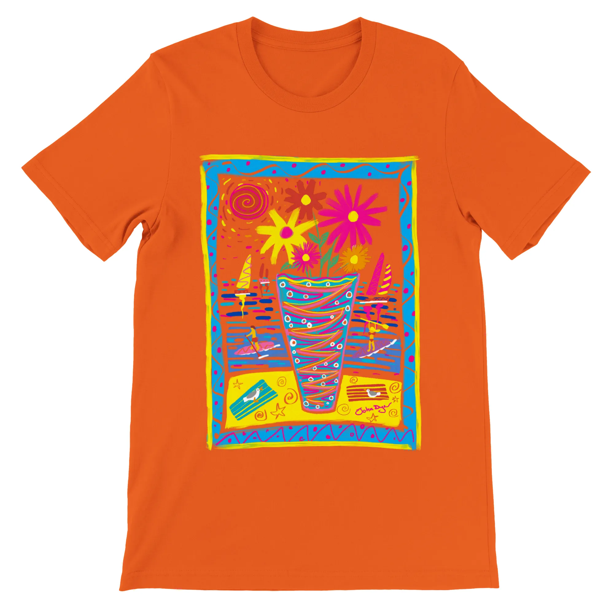 John Dyer Unisex Art T-Shirt. Summer Paddle Boarding Cornwall with Sailing Boats and Flowers