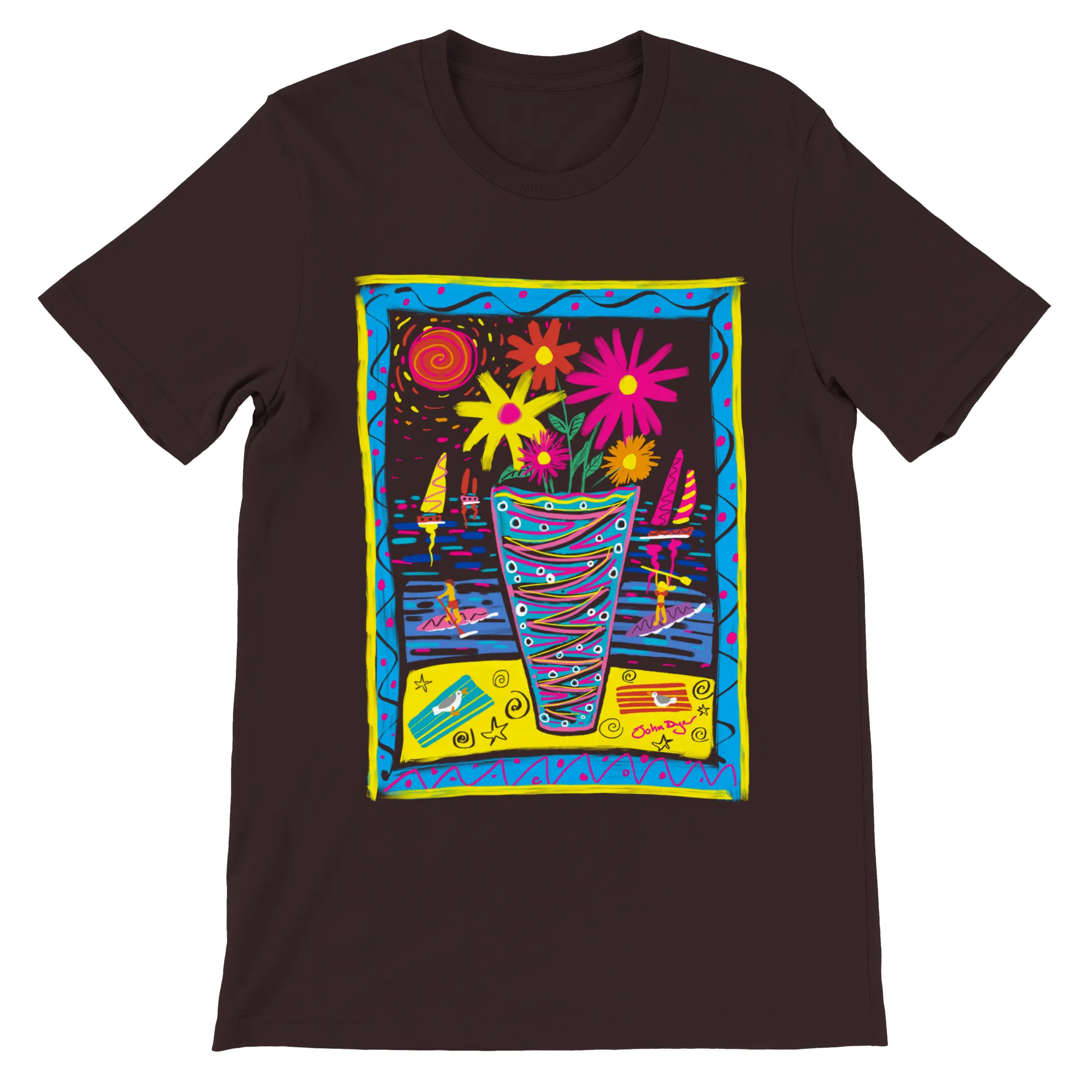 John Dyer Unisex Art T-Shirt. Summer Paddle Boarding Cornwall with Sailing Boats and Flowers