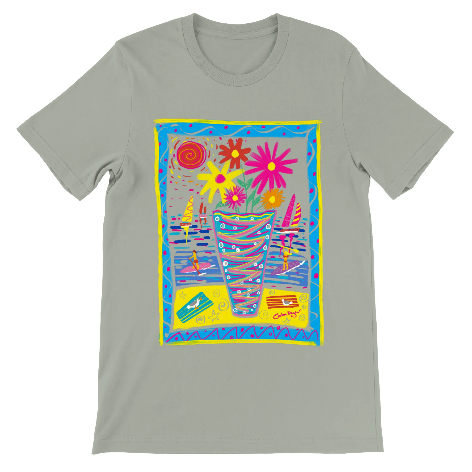 John Dyer Unisex Art T-Shirt. Summer Paddle Boarding Cornwall with Sailing Boats and Flowers