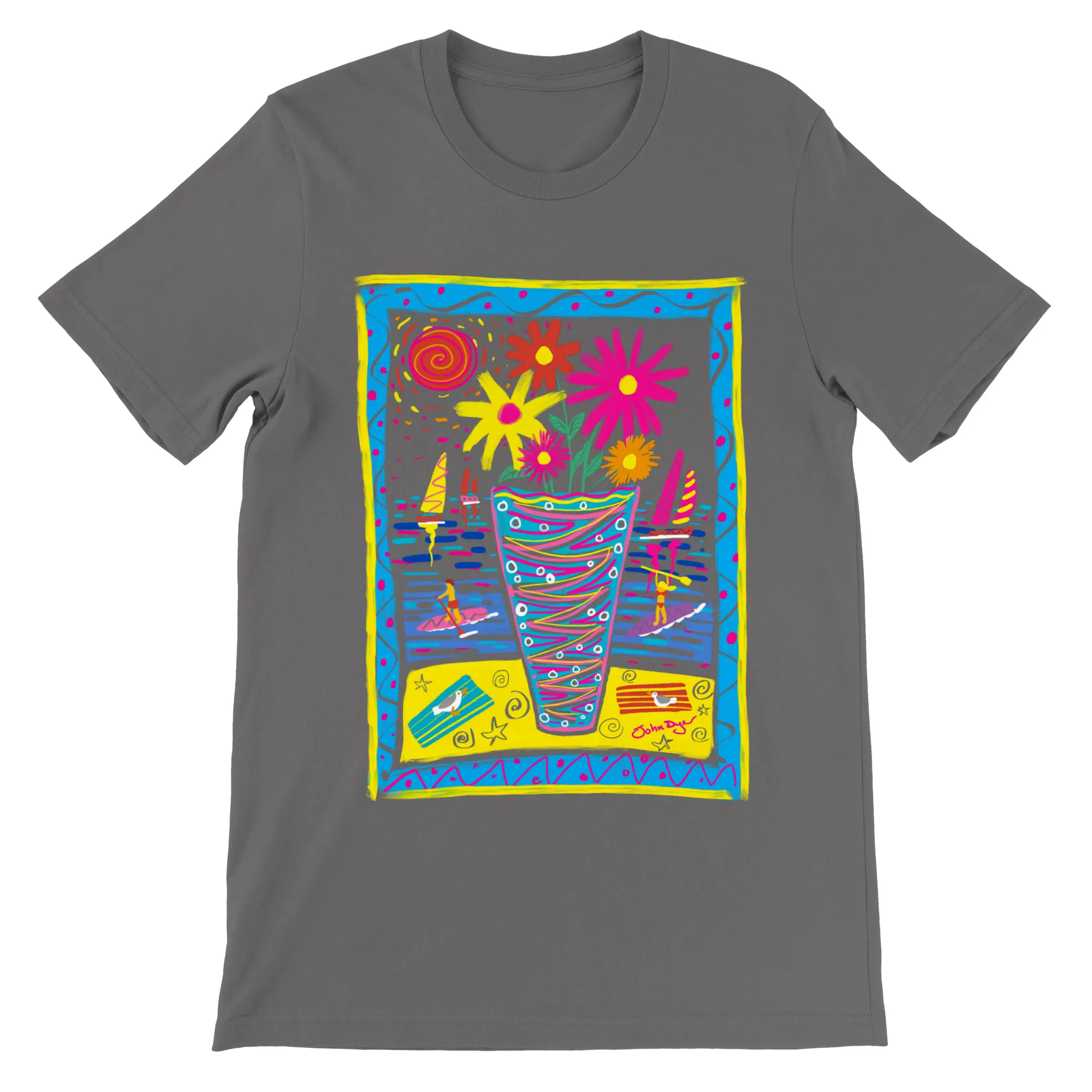 John Dyer Unisex Art T-Shirt. Summer Paddle Boarding Cornwall with Sailing Boats and Flowers