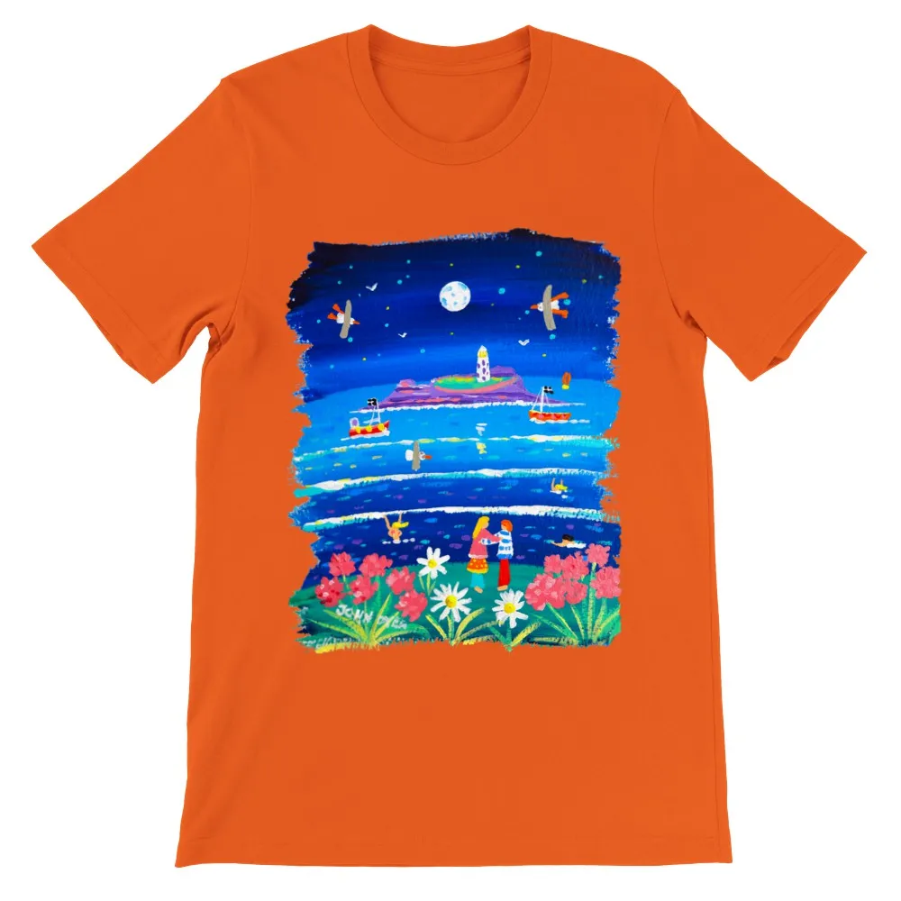 John Dyer Unisex Seaside Art Cornwall T-Shirt. 'Full Moon Lovers, Godrevy Lighthouse'. Cornwall Art Gallery