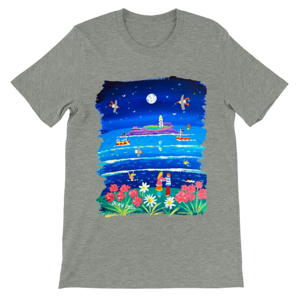 John Dyer Unisex Seaside Art Cornwall T-Shirt. 'Full Moon Lovers, Godrevy Lighthouse'. Cornwall Art Gallery