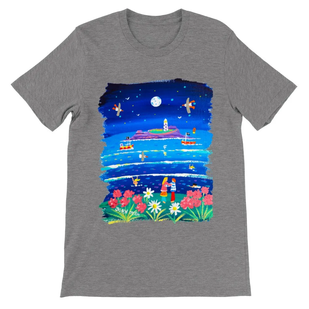 John Dyer Unisex Seaside Art Cornwall T-Shirt. 'Full Moon Lovers, Godrevy Lighthouse'. Cornwall Art Gallery