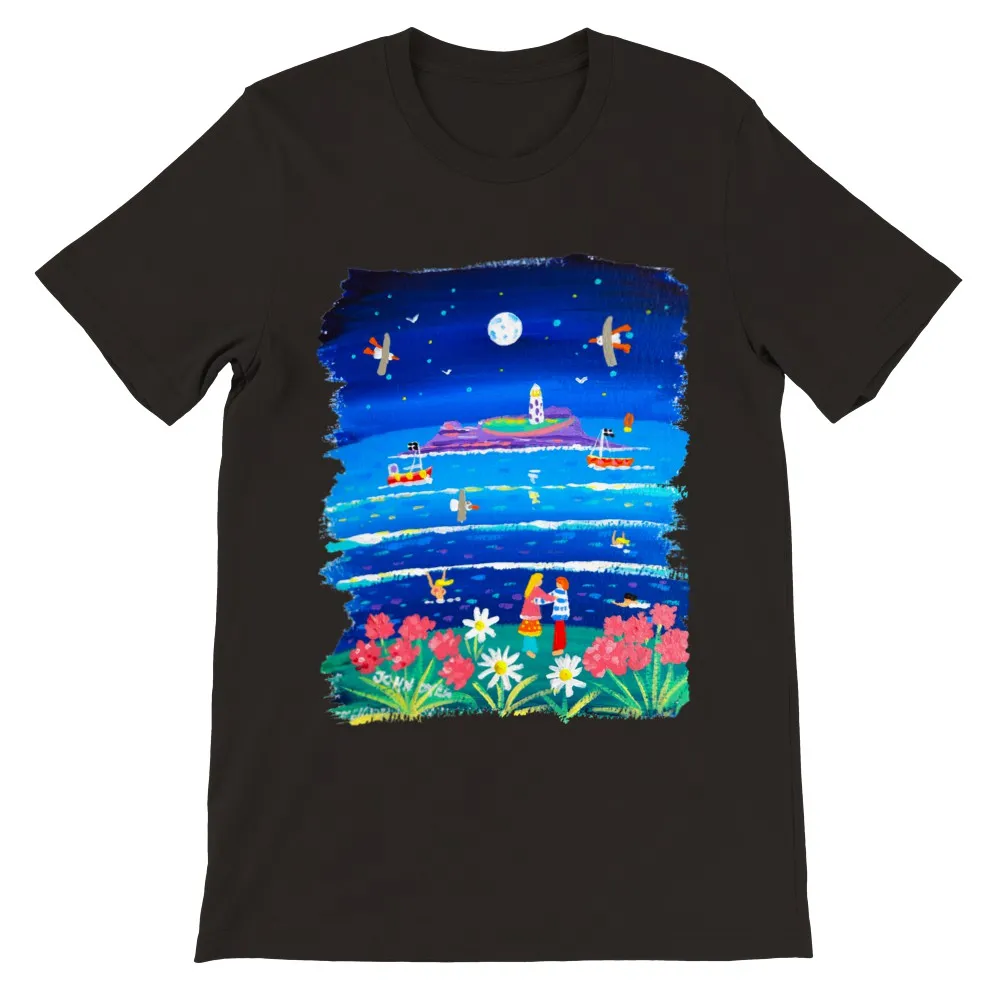 John Dyer Unisex Seaside Art Cornwall T-Shirt. 'Full Moon Lovers, Godrevy Lighthouse'. Cornwall Art Gallery