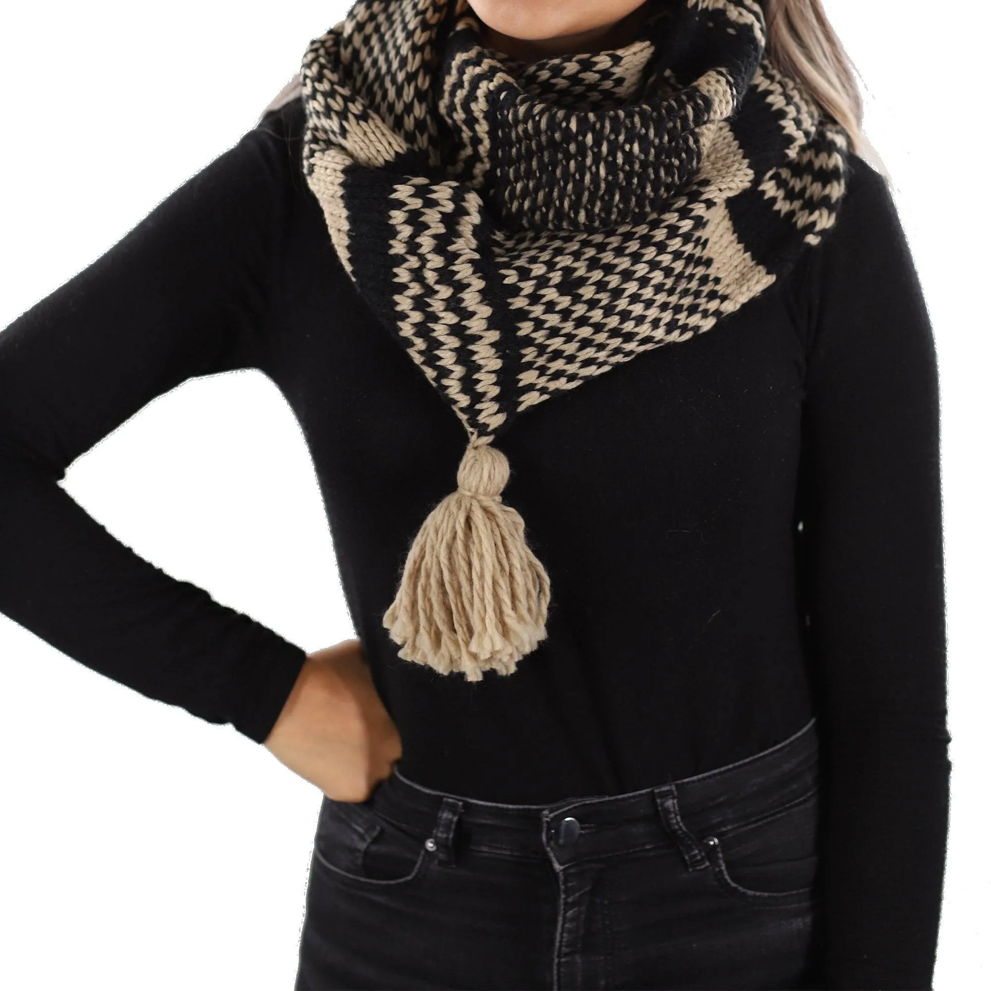 Knit Infinity Muffler w/ Tassel - Black/Oatmeal