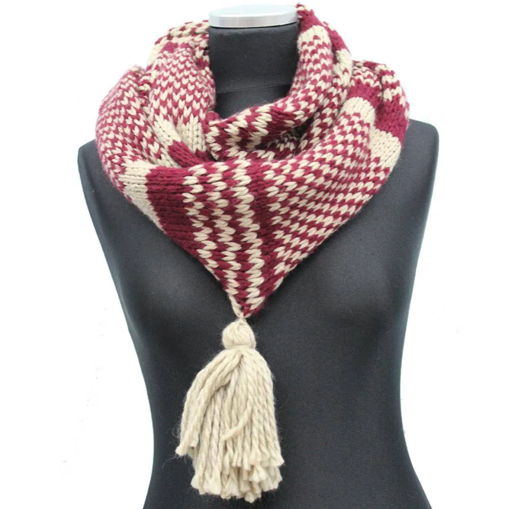 Knit Infinity Muffler w/ Tassel - Ruby/Oatmeal