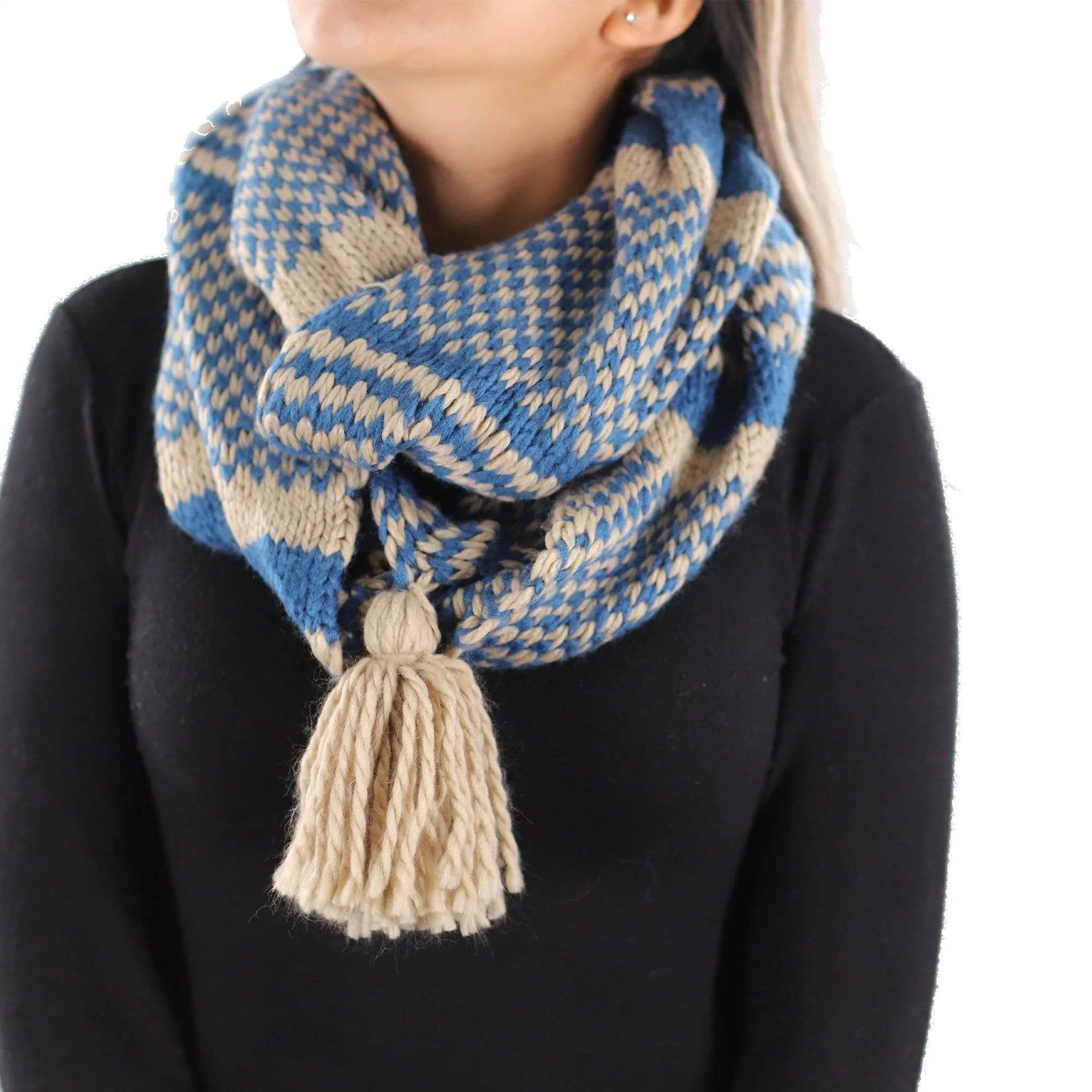 Knit Infinity Muffler w/ Tassel - Sapphire/Oatmeal