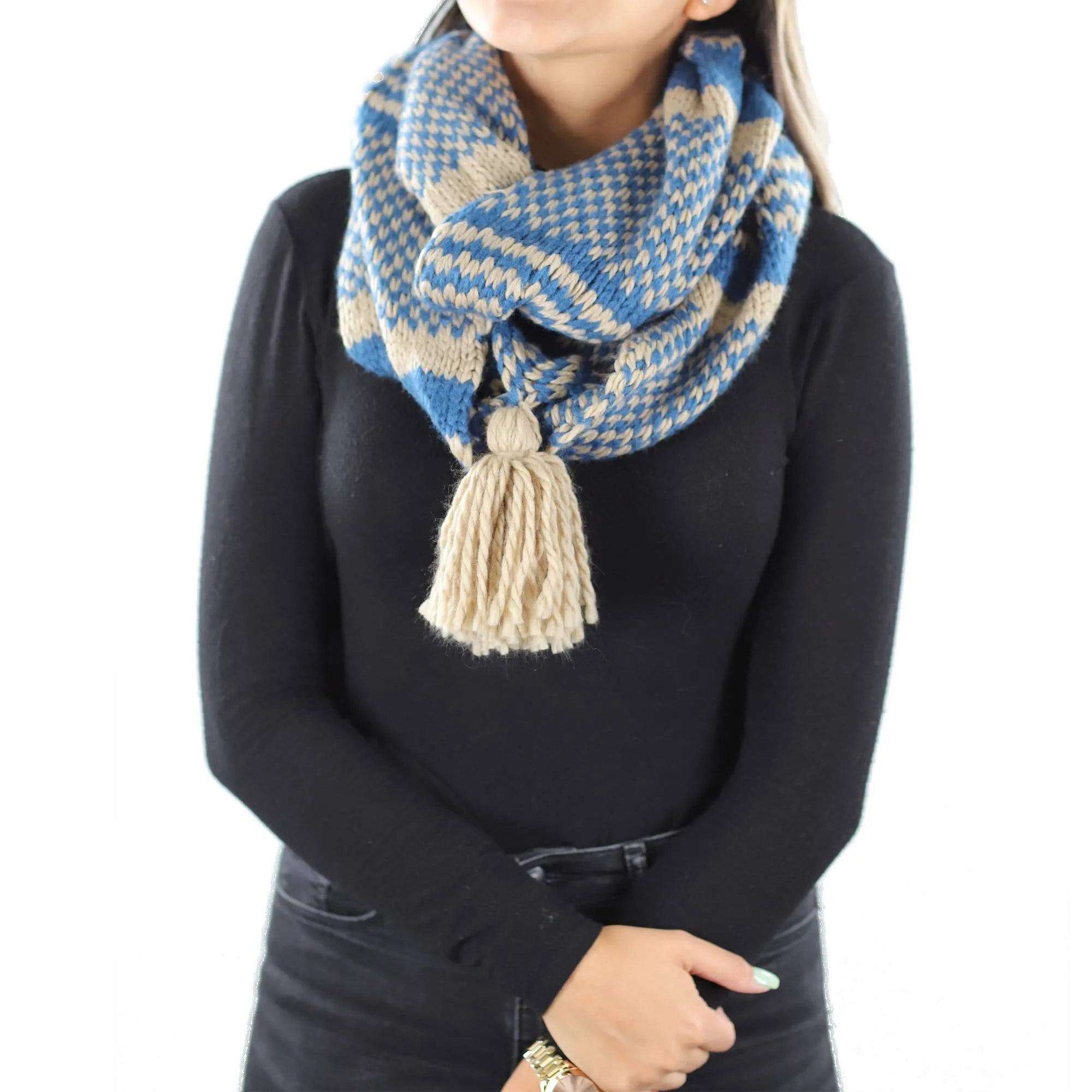 Knit Infinity Muffler w/ Tassel - Sapphire/Oatmeal