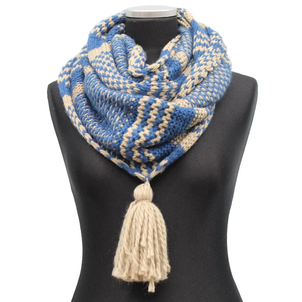 Knit Infinity Muffler w/ Tassel - Sapphire/Oatmeal