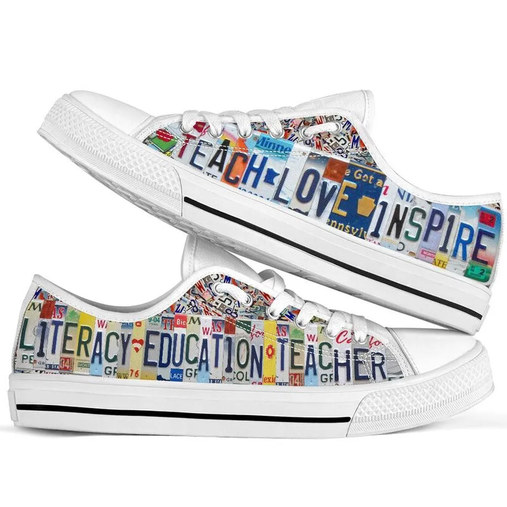 Literacy Education Teacher License Plates Low Top Shoes, Teacher Shoes, Low Top Sneakers